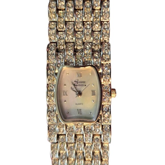 Suzanne Somers Vintage Silver Watch W/ Pave Crystals & Mother of Pearl Face - Picture 9 of 11